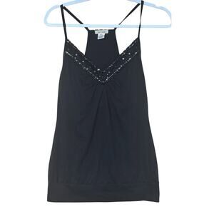 Y2K Black Sequin Beaded Blouson Tank Top Dark Fairy Love Rocks Sz L Witchy Vamp
